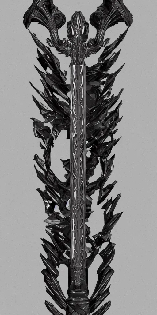 Image similar to a black and silver sword skull crest, ornament, weapon, a 3 d render by dom qwek, front side, concept art, trending on polycount, artstation, hard surface modeling, rendered in maya, zbrush, hd, vray, blizzard, symmetry