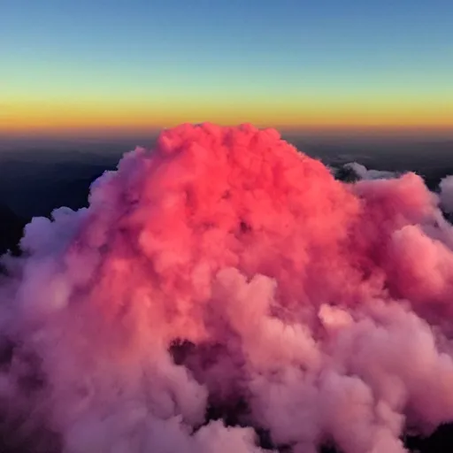 Image similar to at the top of the mountain, the sunset, above all the people is a huge huge ego, in the form of a twisted old man. thick pink clouds.