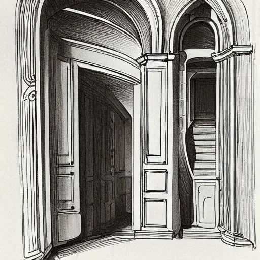 Image similar to the sketch of an opera scenoraphy designed of curved stairs and doors and windows frames by frazzeta.