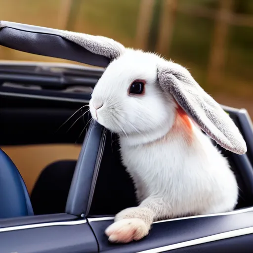 Image similar to a cute bunny driving a convertible, studio photo, high quality