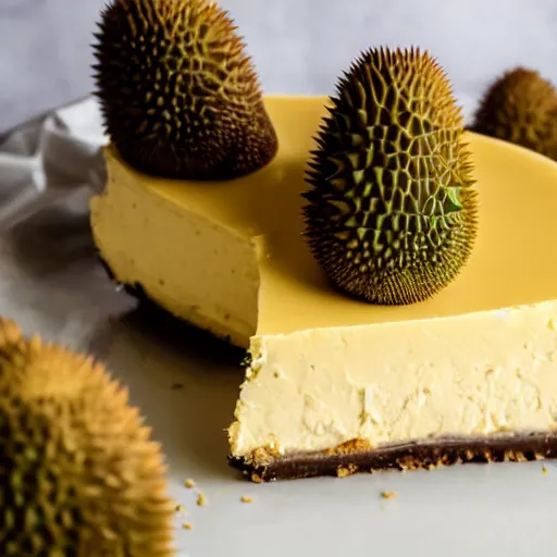 Image similar to close view of a delicious sweet and perfect durian cheesecake piece, award winning, 4 k, beautiful