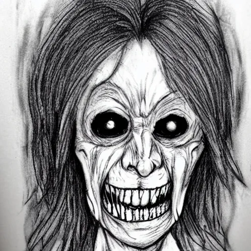 Image similar to a scary horror themed aunt, drawn with charcoal and pen and ink, half-tone-line-stacking