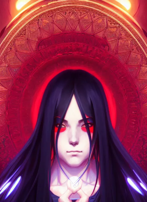 Image similar to symmetry!! itachi, glowing lights!! intricate, elegant, highly detailed, digital painting, artstation, concept art, smooth, sharp focus, illustration, art by artgerm and greg rutkowski and alphonse mucha