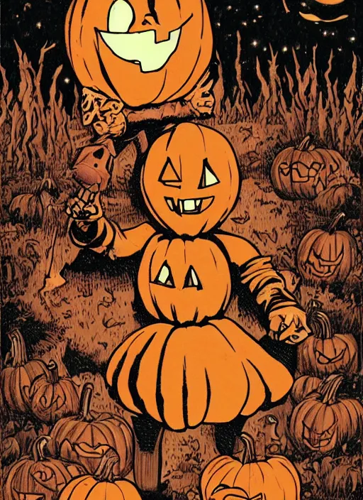 Prompt: sam from trick r treat, stands in front of pumpkin filled lawn at night, halloween comic book, comic book art in the style of frank miller