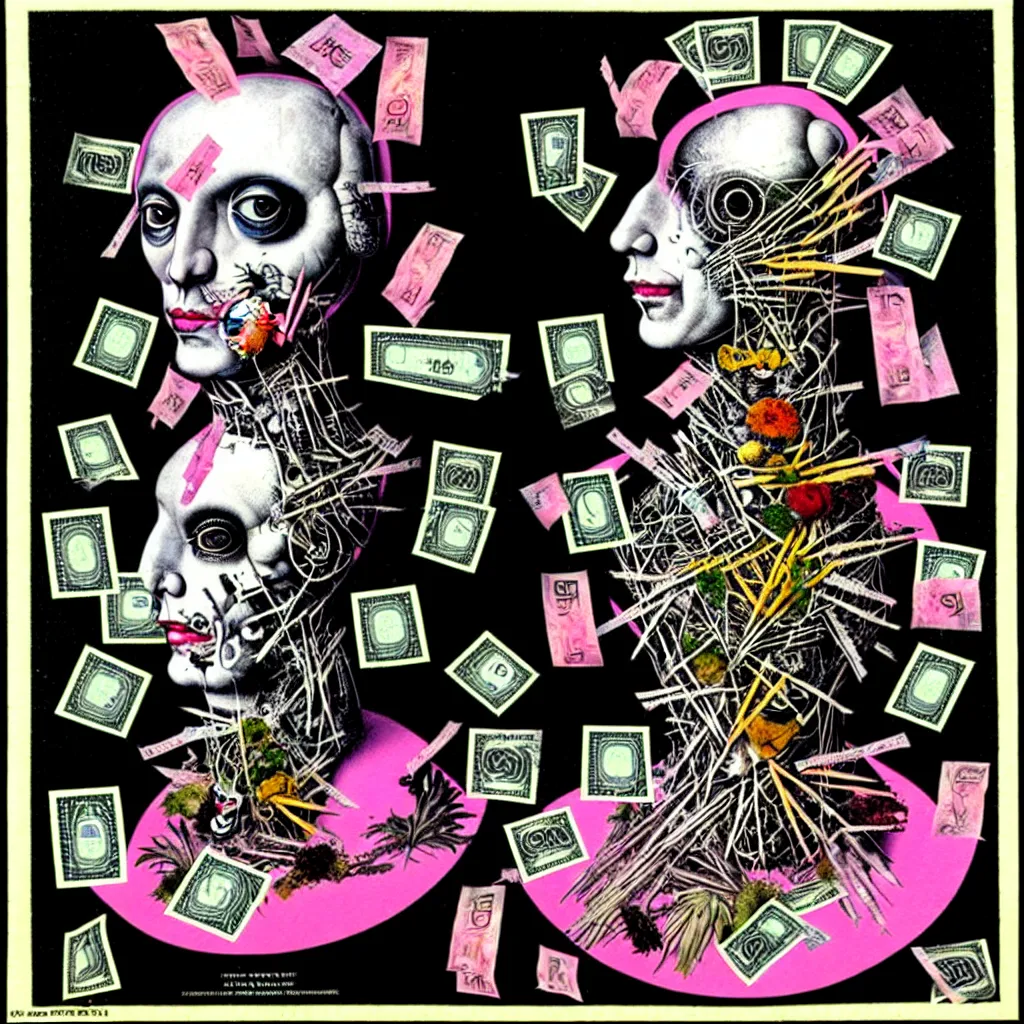 Image similar to post - punk new age album cover, asymmetrical design, dollar bank notes, capitalism, magic, apocalypse, psychedelic, black white pink, magic, giger h. r., giuseppe arcimboldo