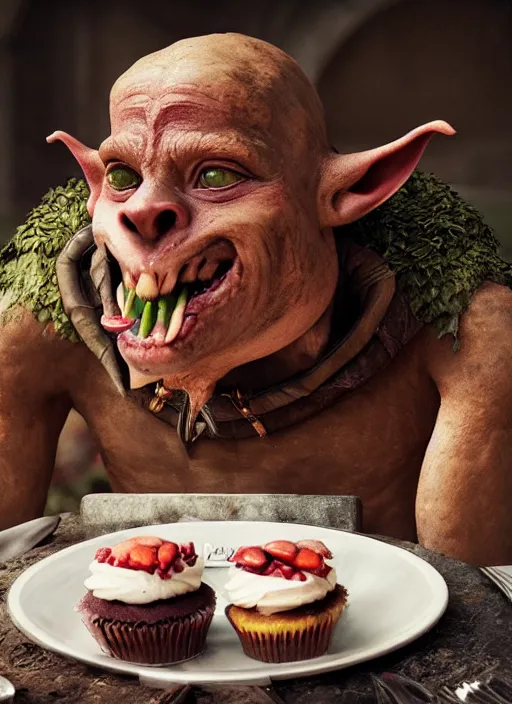 Image similar to closeup portrait of a medieval goblin eating cakes in the cloisters, depth of field, zeiss lens, detailed, symmetrical, centered, fashion photoshoot, by annie leibovitz and steve mccurry, david lazar, jimmy nelsson, breathtaking, 8 k resolution, extremely detailed, beautiful, establishing shot, artistic, hyperrealistic, beautiful face, octane render