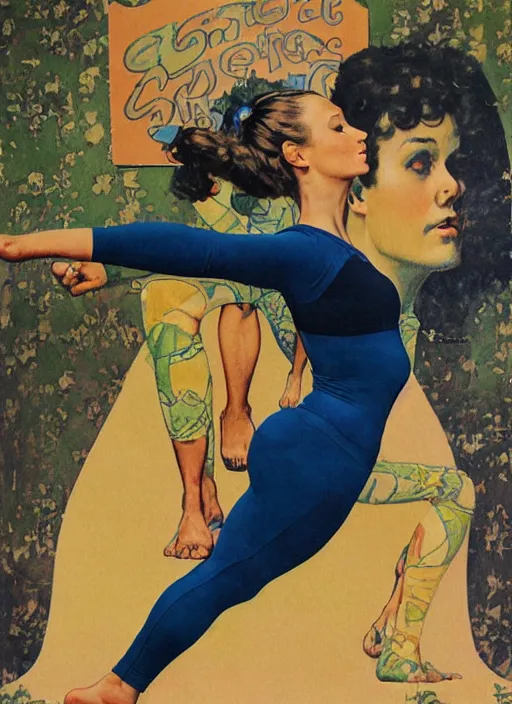 Image similar to an art nouveau futuristic copic maker illustration of full body girl doing yoga by norman rockwell and john berkey