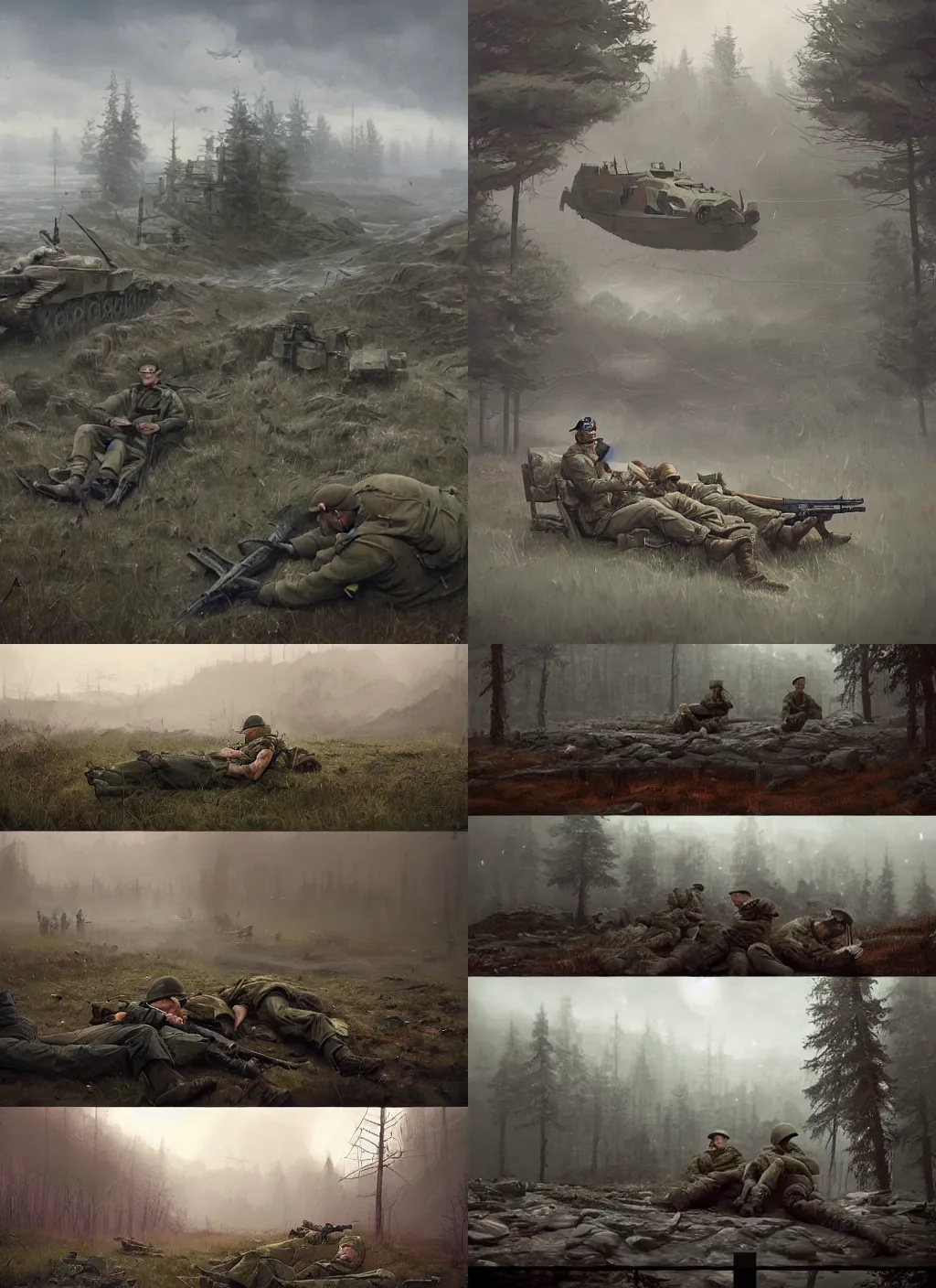 Prompt: ww2 soldiers resting a beautiful matte painting trending on artstation, simon stalenhag and jacub rozalski, hyperdetailed
