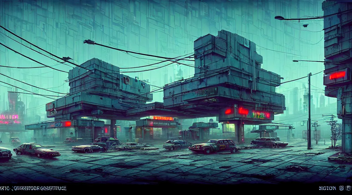 Image similar to post apocalyptic cyberpunk police station, building, avenue, urban architecture, americana architecture, concrete architecture, cloudy sky, paved roads, in the style of simon stalenhag, guido borelli, trending on artstation, photorealistic, wild vegetation, utopian, futuristic, blade runner, vivid colors scheme, neon signs, sharp, clear, focus