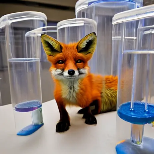 Image similar to Quadruped Fox in a lab coat, conducting experiments with strange coloured fluids in test tubes