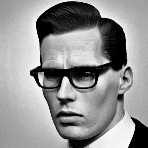 Prompt: A photograph portrait of Jerma985 with slicked back hair wearing 1960s menswear and glasses in the 1960s, taken in the early 1960s, grainy, taken on a 1960s Kodak Camera, realistic, hyperrealistic, very realistic, highly detailed, very detailed, extremely detailed, detailed, digital art, trending on artstation