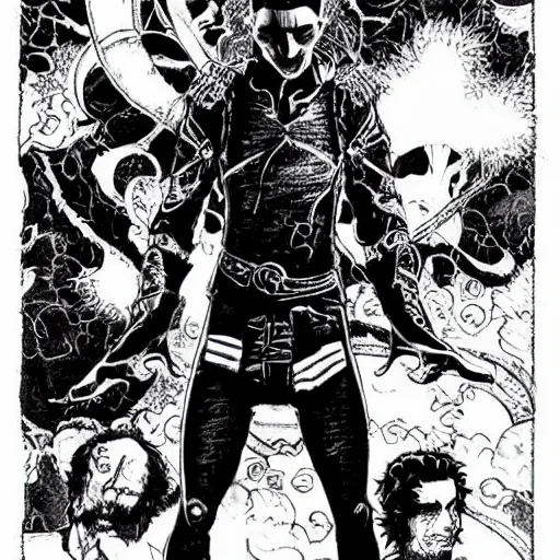 Image similar to pen and ink!!!! attractive 22 year old Gantz monochrome!!!! Frank Zappa x Daniel Radcliff highly detailed manga Vagabond!!!! telepathic floating magic swordsman!!!! glides through a beautiful!!!!!!! battlefield magic the gathering dramatic esoteric!!!!!! pen and ink!!!!! illustrated in high detail!!!!!!!! graphic novel!!!!!!!!! by Kim Jung Gi and Hiroya Oku!!!!!!!!! MTG!!! award winning!!!! full closeup portrait!!!!! action manga panel