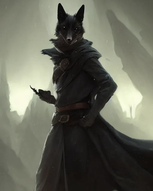 Image similar to oil painting of Anthropomorphized dark Fox thief, wearing dark cloak, mischievous look, full body, sharp focus, fantasy style, octane render, volumetric lighting, 8k high definition, by greg rutkowski, highly detailed, trending on art Station, magic the gathering artwork, dark city backround