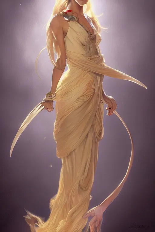 Image similar to a girl wearing a golden dress, grey hair, red necktie, cinematic, stunning, highly detailed, digital painting, artstation, smooth, hard focus, full body shot, illustration, art by artgerm and greg rutkowski and alphonse mucha