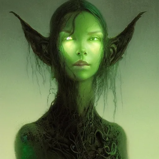 Prompt: a elf woman by Beksiński, greg rutkowski and thomas kinkade, Trending on artstation, black and green scheme, 4k, goth