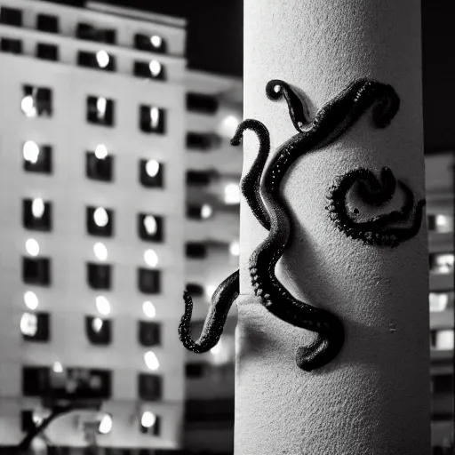 Image similar to photograph of an octopus hiding behind a lamp post at night