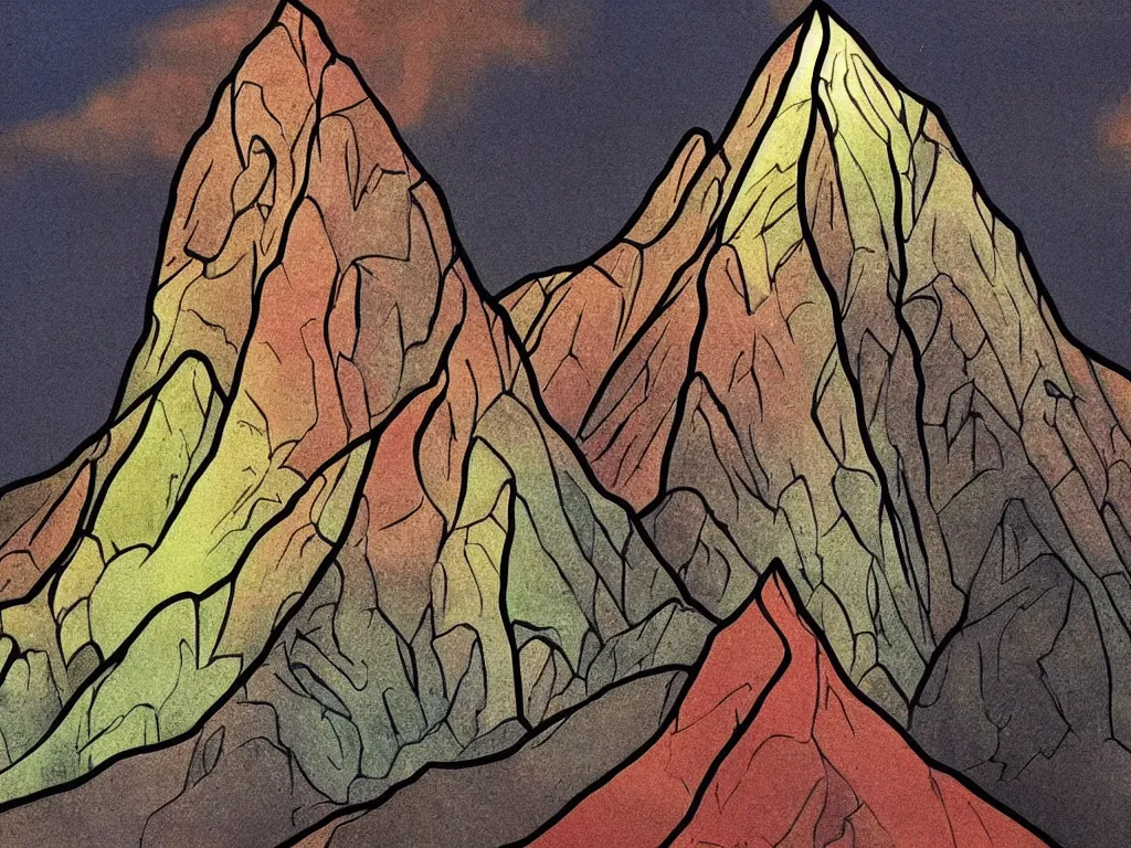 Prompt: A stain glass picture of a mountain that looks like a woman