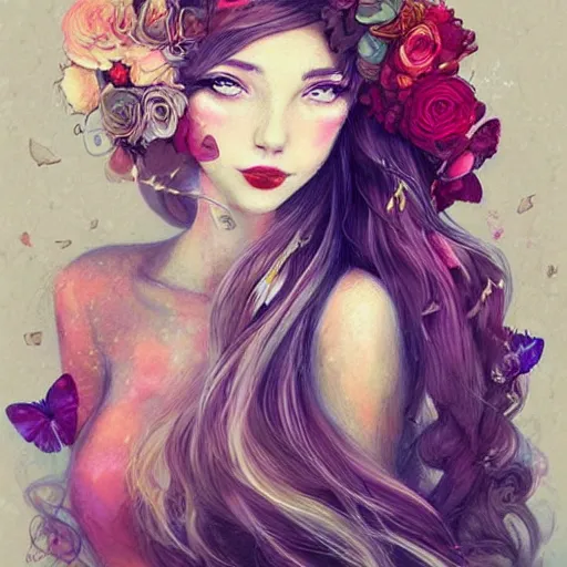 Image similar to in San Francisco lives a girl with flowers in her hair, in the style of Anna Dittman