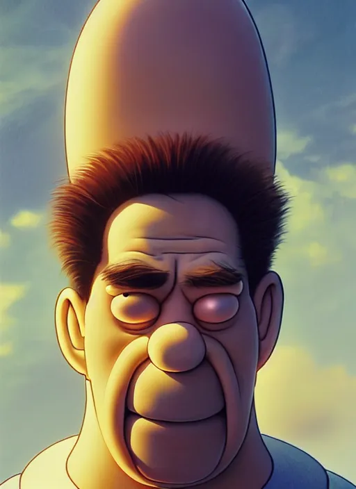 Image similar to concept art by artgerm, amazingly dense distance portrait of a hyper realistic, frowning, sad homer simpson by greg rutkowski, artgerm, alphonse mucha, concept art, octane render, highly detailed, high quality, 8 k, soft lighting, path traced, and uang guangjian and gil elvgren, symmetry!!