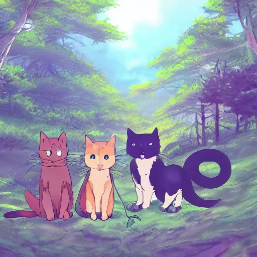 Image similar to multiple cats hiking the Appalachian trail, anime scenery by Makoto Shinkai and ghibli, wholesome digital art