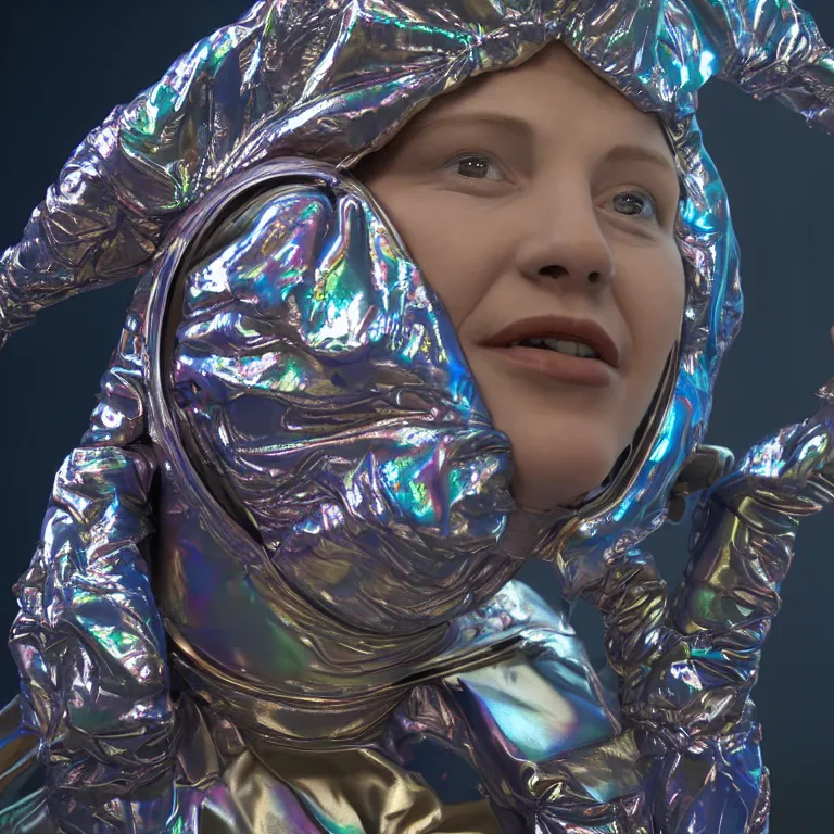 Image similar to octane render portrait by wayne barlow and carlo crivelli and glenn fabry, subject is a woman covered in tie - dye aluminum foil space suit with a iridescent metallic space helmet, inside a dark gothic rococo palace, cinema 4 d, ray traced lighting, very short depth of field, bokeh