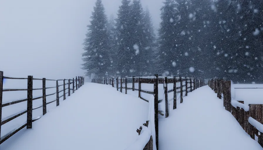 Image similar to wooden guardrails covered by snow in beautiful winter landscape. fog, snowstorm, photorealistic rendering, octane