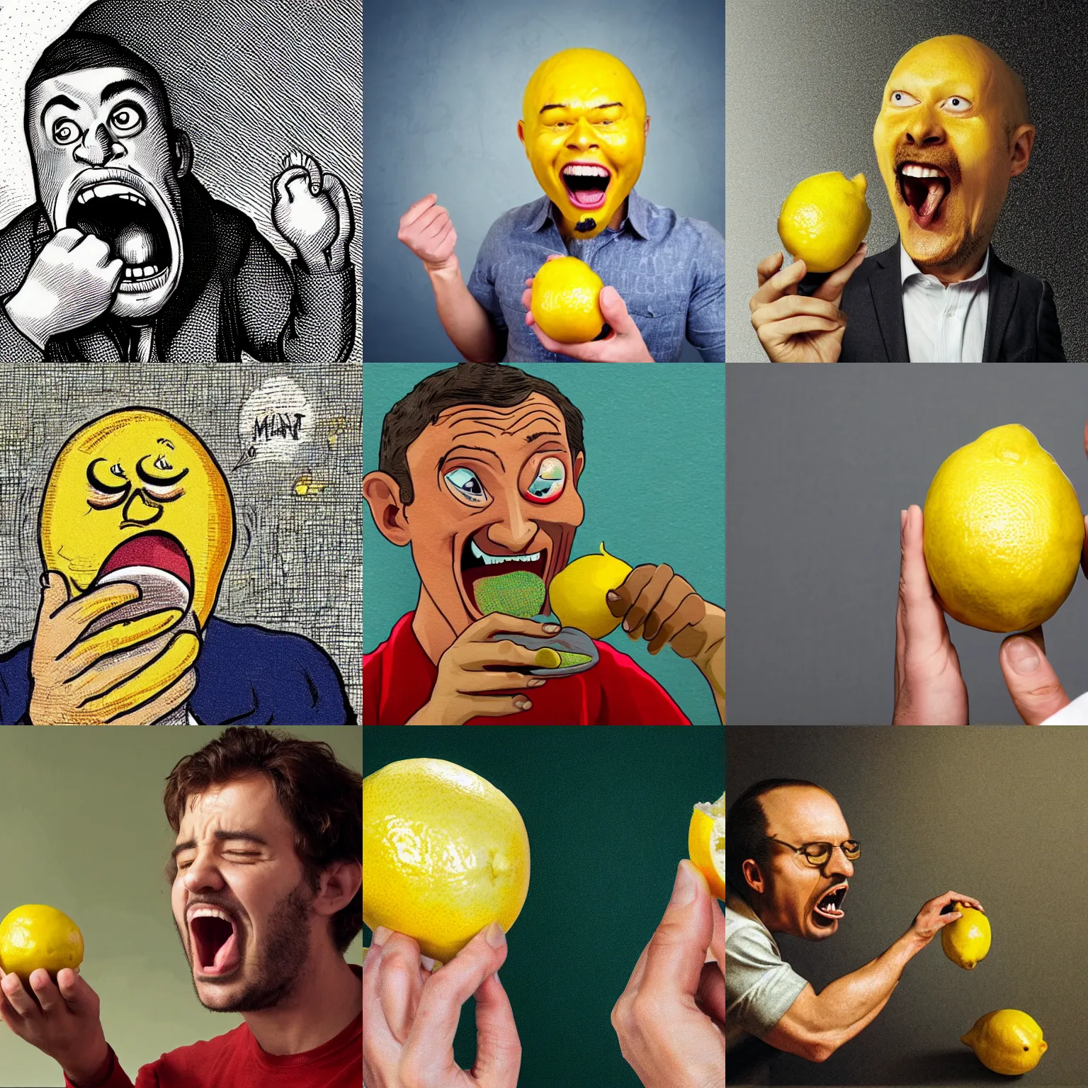 Prompt: This nutjob is screaming at a Lemon! what\'s going on??? a man is holding a Lemon and just screaming at him maniacally. The man shouts on the lemon and pointing its finger angrily! wideshot, very detailed. very detailed face.