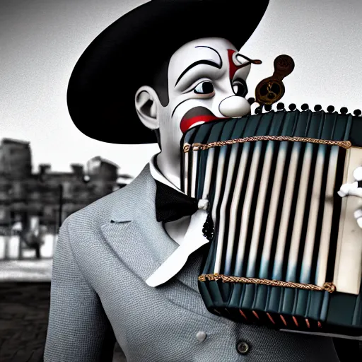 Prompt: a peculiar man with an accordion where his neck should be, clown face, steampunk, 4K Unreal Engine render