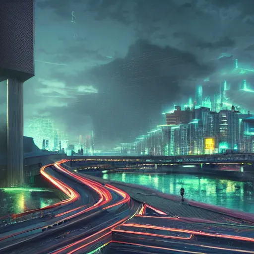 Image similar to future city made from bright concrete and steel, metropolis, brutalist, waterways, waterfalls, dramatic clouds, neon green lava streets, god rays, digital art, landscape, fantasy art, octane render, pop art, ureal engine, high detail, very realistic, by greg rutkowski. by simon stalenhag