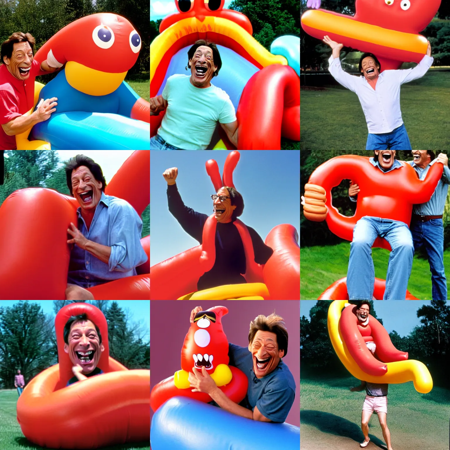 Image similar to jim varney laughing while he rides a large, inflatable hotdog.