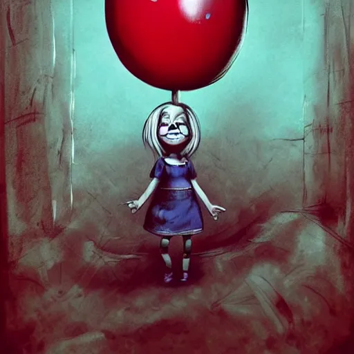 Prompt: surrealism grunge cartoon portrait sketch of a dream with a wide smile and a red balloon by - michael karcz, loony toons style, pennywise style, chucky style, horror theme, detailed, elegant, intricate