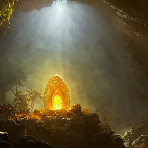 Prompt: A large acid dragon egg inside a tropical cave, fantasy art by albert bierstadt and James Gurney, highly detailed, digital painting, matte painting, concept art, illustration, oppressive lighting, trending on artstation, very detailed