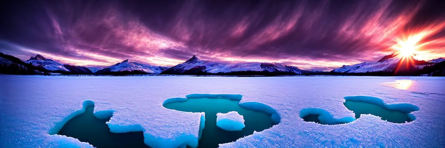 Prompt: amazing landscape photo of A (gigantic) monster trapped under the ice transparent frozen lake at sunset by marc adamus beautiful dramatic lighting