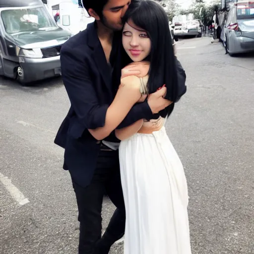 Prompt: handsome blackhaired guy hugs a cute beautiful girl from behind