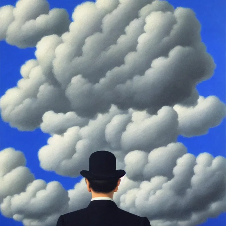 Image similar to cloud - man, by rene magritte, centered, detailed painting, hd, hq, high resolution, high detail, 4 k, 8 k