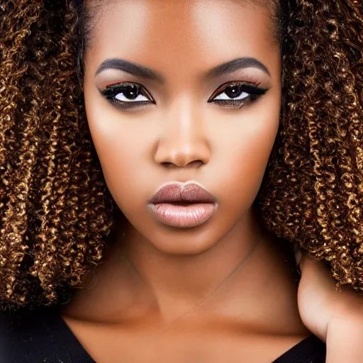 Image similar to a gorgeous black woman photo, beautiful face, professionally retouched, realistic, full body shot, curly hair, sharp focus on eyes, high definition, intricate, elegant, fashion editorial, vogue, black art