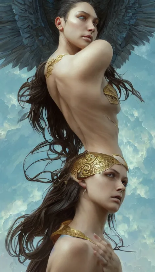 Image similar to seraphim, perfectly-centered-painting of the most beautiful women on the planet, sweaty, dynamic action pose, insane, intricate, highly detailed, digital painting, artstation, concept art, smooth, sharp focus, illustration, Unreal Engine 5, 8K, art by artgerm and greg rutkowski and alphonse mucha
