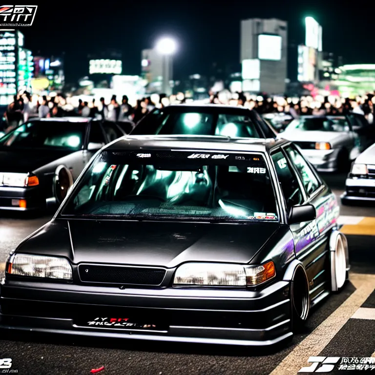 Image similar to a car JZX90 twin turbo drift at illegal car meet, Shibuya prefecture, city midnight mist lights, cinematic lighting, photorealistic, highly detailed wheels, high detail