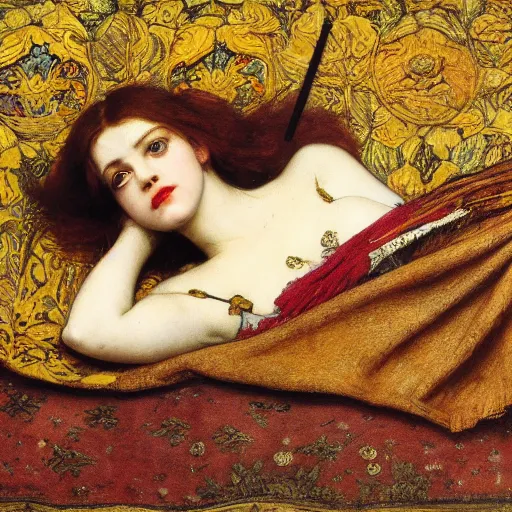 Image similar to preraphaelite portrait reclining on bed, hybrid of judy garland and lucy hale, aged 2 5, brown fringe, wide shot, yellow ochre ornate medieval dress, john william waterhouse, kilian eng, rosetti, john everett millais, william holman hunt, william morris, 4 k