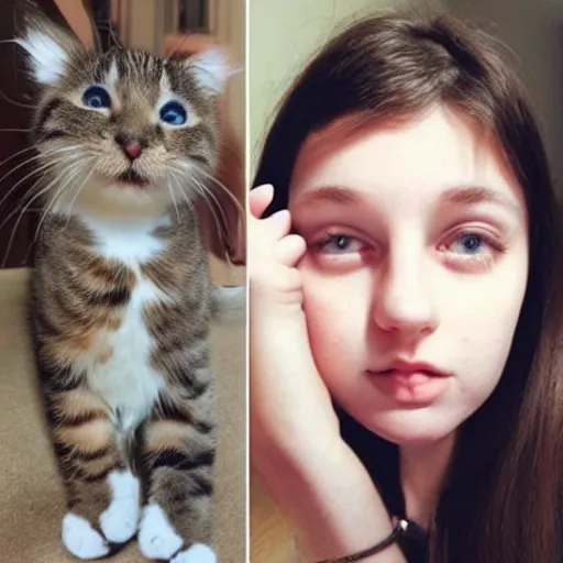 Image similar to uncanny mix between girl and cat