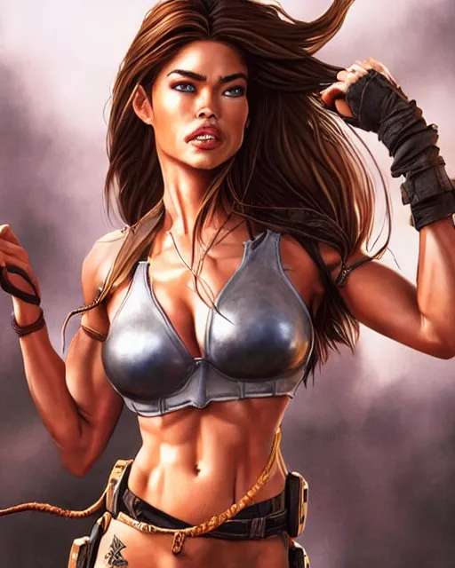 Prompt: denise richards! as lara croft, fantasy art, in the style of artgerm, illustration, epic, fantasy, intricate, hyper detailed, artstation, concept art, smooth, sharp focus, unreal engine, vibrant, photorealistic, simon bisley