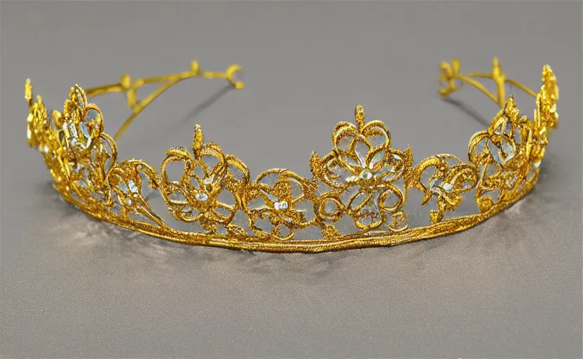 Prompt: ornate realistic symmetrical floral flower gold tiara 3 d art deco