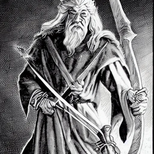 Prompt: frontal portrait of gandalf swinging a huge battle axe| d&d | larry elmore |