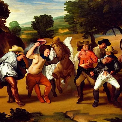 Image similar to cowboys having a water balloon fight, hyper realistic, 1 7 0 0 s style renaissance painting