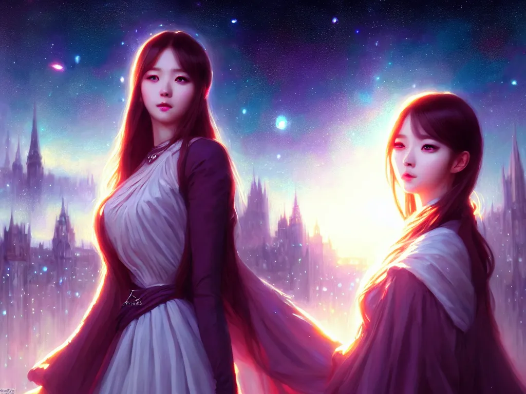 Prompt: masterpiece portrait charming and miracle female astromancer lifestyle accessories indreamlike movie, kpop, luxry dress, high detailed face, art by artgerm, greg rutkowski, macoto takahashi, big major starry sky and city in background, uhd, medium long shot, fantasy, no distorsion, 4 k realistic