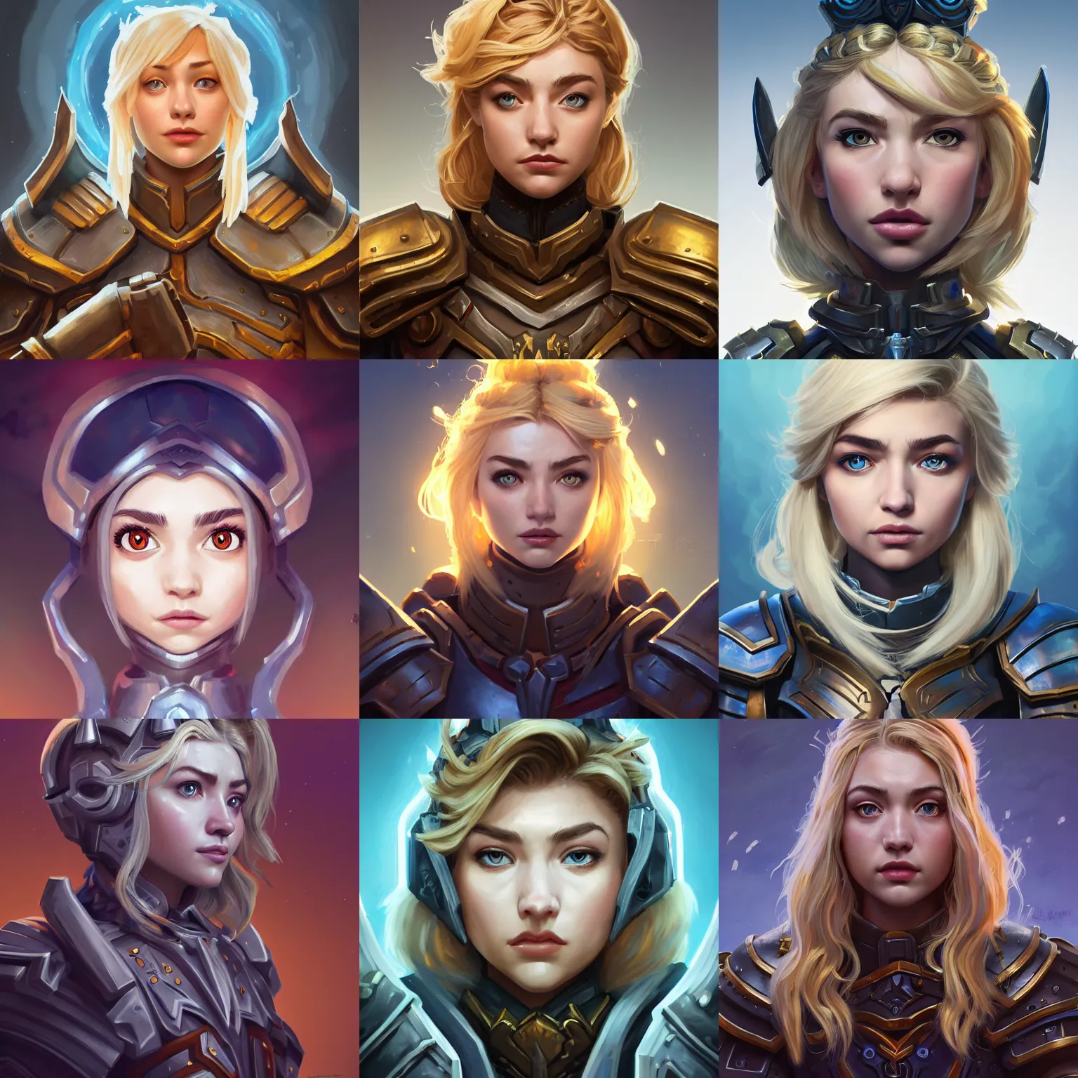 Prompt: masterpiece head-on symmetrical centered painted portrait, Imogen Poots as a paladin, blonde hair, glorious, wearing full metal armour, fantasy, RPG character Blizzard Hearthstone concept art, pixar, maya engine on stylized background, global illumination lighting, trending on artstation, by lois van baarle, ilya kuvshinov, rossdraws