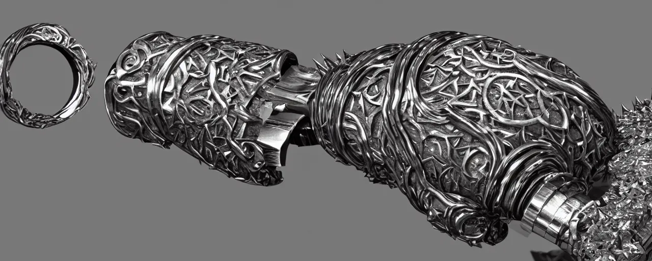 Image similar to tungsten ring with spikes, ring, steel, sword, crystals, smooth shank, engravings, product design, jewelry, art by gerald brom, greg rutkowski and artgerm and james jean and zdzisław beksinski, 8 k, unreal engine, c 4 d
