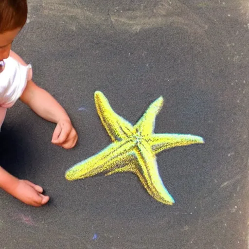 Image similar to Chalk drawing of a starfish holding seaweed. Child's drawing chalk on brick wall.