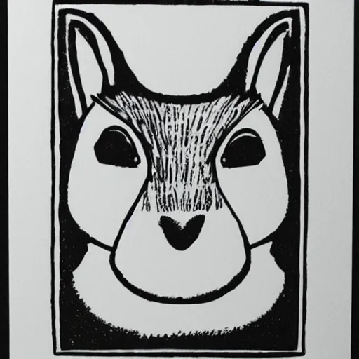 Prompt: squirrel face portrait, cute, block print, simple stylized, black ink on white paper