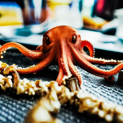 Image similar to octopus made of steel eating fastfood, 5 5 mm